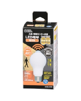 【消灯お知らせ機能搭載】LED電球(60形相当/8.1W/840lm/電球色/E26/人感・明暗センサー付) 4971275644656